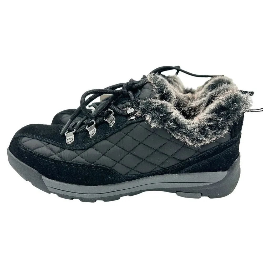 Lands' End NWB SZ 8 Womens Faux Fur Lining Quilted Black Suede Powder Belle Shoe